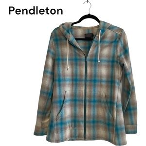 PENDLETON Jacket Womens Small 100% Virgin Wool Gray Teal Plaid Full Zip Hooded